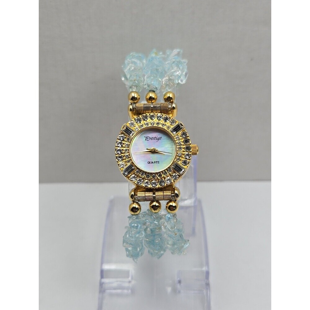 Prestige Womens Quartz MOP Dial Aqua Beaded Rhinestone Jewelry Watch New Battery